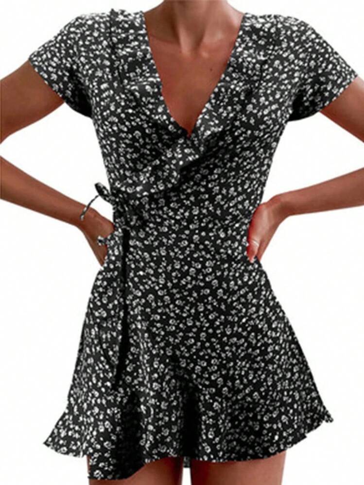 Vestido acampanado Floal de verano para mujer, Vestido corto ajustado con volantes florales y cuello en V para mujer, minivestido elegante con flores - Rojo - Añade 2