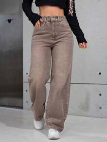 Pantalones vaqueros anchos sueltos y versátiles de mujer con diseño de bolsillos - Marrón 2 - Ver 1