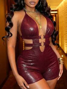 Slayr New Spring/Summer Y2K Street Style Sexy Black Slim Fit Burgundy Textured PU Fabric With Metallic Decoration Hollowed-Out Halter Neck Short Women Jumpsuit.Suitable For Valentine's Day, Dates, Party, Gatherings, Holidays, Concerts, Sexy Clubs, Nightclubs, Everyday Outings, New Year's, Revelry, Brunch Outfits, Hot Girl, Vacation.Travel Outfit Airport, Streetwear,Y2k - Màu Đỏ Sâu - Xem 7