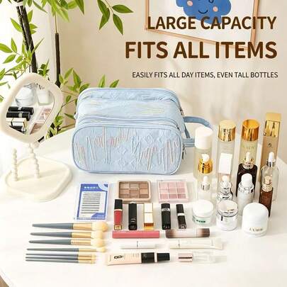 3-Compartment Large Capacity Portable Colorful Thread Cosmetic Bag, Makeup Brush Organizer, Travel Toiletry Pouch