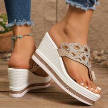 Women's Summer Bohemian Colorful Rhinestone Thong Platform Wedge Comfortable Lightweight Travel Sandals - Gold - View 4