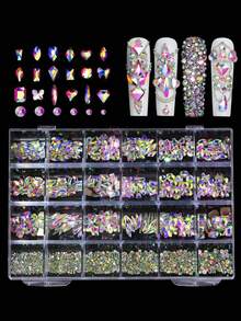 24 Units Nail Art Rhinestones Decorations, Mix Of Ab Glass Flat Round Diamonds, Water Drops, Butterflies, Hearts In Multiple Sizes, Suitable For Women And Girls Nail Art Diy Nail Supplies Nails Nail Charms Nail Gems - Multicolor - View 2