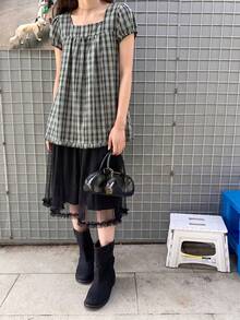 韩版百搭宽松时尚格子荷叶边花瓣袖上衣夏季 - 綠色 - 查看 7