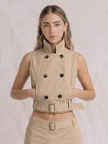 OUTTA BOX Áo vest hai hàng khuy màu kaki thanh lịch, áo khoác không tay thắt eo sang trọng, thích hợp mặc đi làm, dự tiệc mùa hè và lễ tốt nghiệp. Trang phục chuyên nghiệp, sang trọng. - Màu Khaki - Xem 3