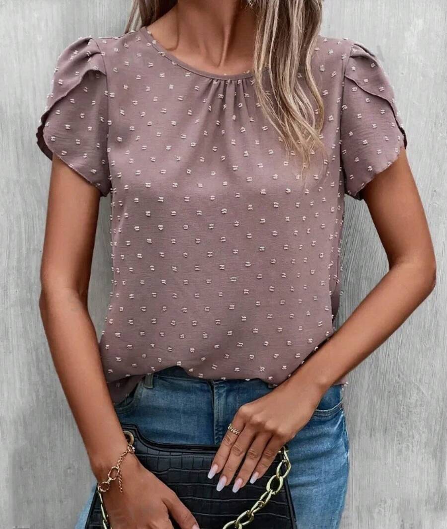 Blusa con cuello redondo y lunares suizos, Top informal con manga de pétalo para primavera y verano, ropa de mujer - Rosa - Ver 1
