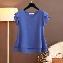 2026 nueva blusa de verano para mujer, camisa holgada de gasa con cuello en V, blusa de manga corta para mujer, camisas de gran tamaño, tops y blusas para mujer - Azul real - Ver 4