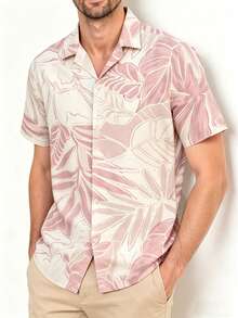 Men's Vintage Banknote Style Polyester Floral Digital Print Short Sleeve Shirt, Lightweight Casual Summer Holiday Wear - Baby Pink - View 5