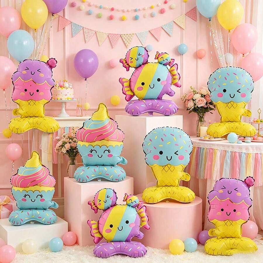 8pcs/Set Ice Cream, Cake, Candy Foil Balloon Set, Suitable For Birthday Party Decoration, Theme Party Arrangement, Indoor Party Decor, Photography Props - Ice Cream Base - View 1