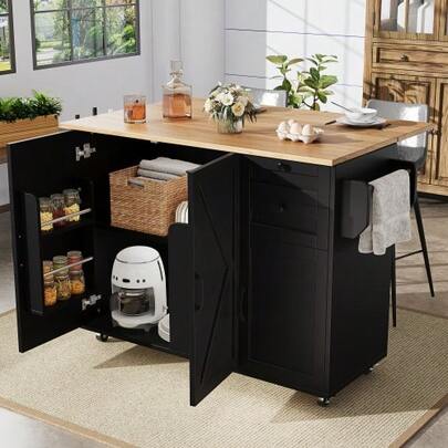 Moderne Kücheninsel, Küchenschrank, Buffetschrank, Speisewagen Mit Holzmaserung, Buffetschrank, Multifunktionale Esstisch Mit Speicherraum, Speisewagen Mit Snackregalen, Schwarz