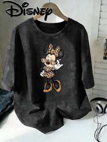 Disney Minnie Mouse Leopard Print Suit Fashion Glasses  Playful Cartoon Creative Print Stylish  Oversized Vintage T Shirt 2026 Spring Summer Crew Neck T Shirt Vintage Fashion Lovers Popular Vintage Crew Neck T Shirt - Black - View 1