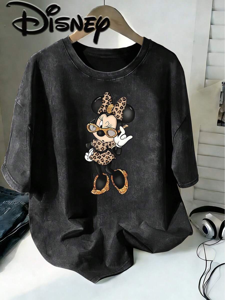 Disney Minnie Mouse Leopard Print Suit Fashion Glasses Playful Cartoon Creative Print Stylish Oversized Vintage T Shirt 2026 Spring Summer Crew Neck T Shirt Vintage Fashion Lovers Popular Vintage Crew Neck T Shirt - Black - View 1