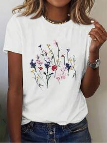 Camiseta de manga corta de cuello redondo de diseño floral vibrante, fresco para la primavera y el verano de 2026, top casual blanco para el día de San Valentín con impresiones divertidas para mujeres - Blanco - Ver 2