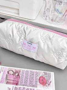 1 件装 INS 简约可爱儿童女孩铅笔盒奶油色蝴蝶结时尚化妆盒大容量文具收纳袋 - A - 查看 1