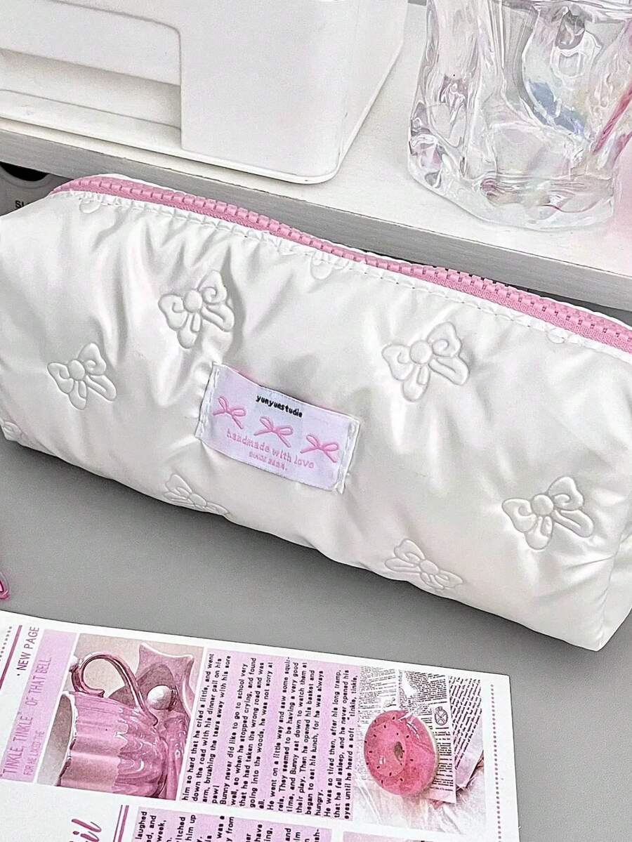 1 件装 INS 简约可爱儿童女孩铅笔盒奶油色蝴蝶结时尚化妆盒大容量文具收纳袋 - A - 查看 1