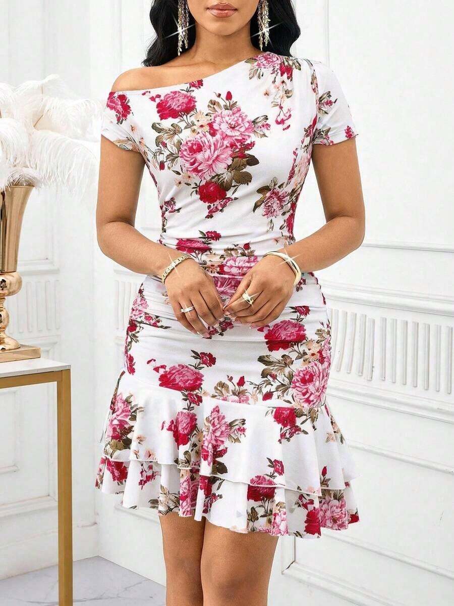MEXSHEIN Lady Vestido corto de mujer de moda con cuello asimétrico y volantes en el bajo, de unicolorMEX OF4M - Multicolor 5 - Ver 1
