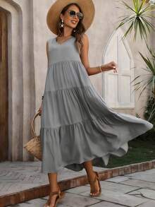 Women's Sleeveless V-Neck Tiered Maxi Dress,Solid Color Casual Swing Dresses,Summer Dress,Plus Size Dresses For Women,Pride,Elegant Dress For Women - 灰色 - 查看 5