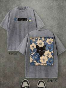 Retro Washed T-Shirt Double Sided Printed (230 Pure Cotton T-Shirt) 'Cat In The Flowers'  Cat And Flowers Pattern Print, Mens TShirt, Mens Shirt Casual, Comfortable, Fashionable T-Shirt, Street Style Cotton NJHG - 灰色-Z0004-H0004 - 查看 12