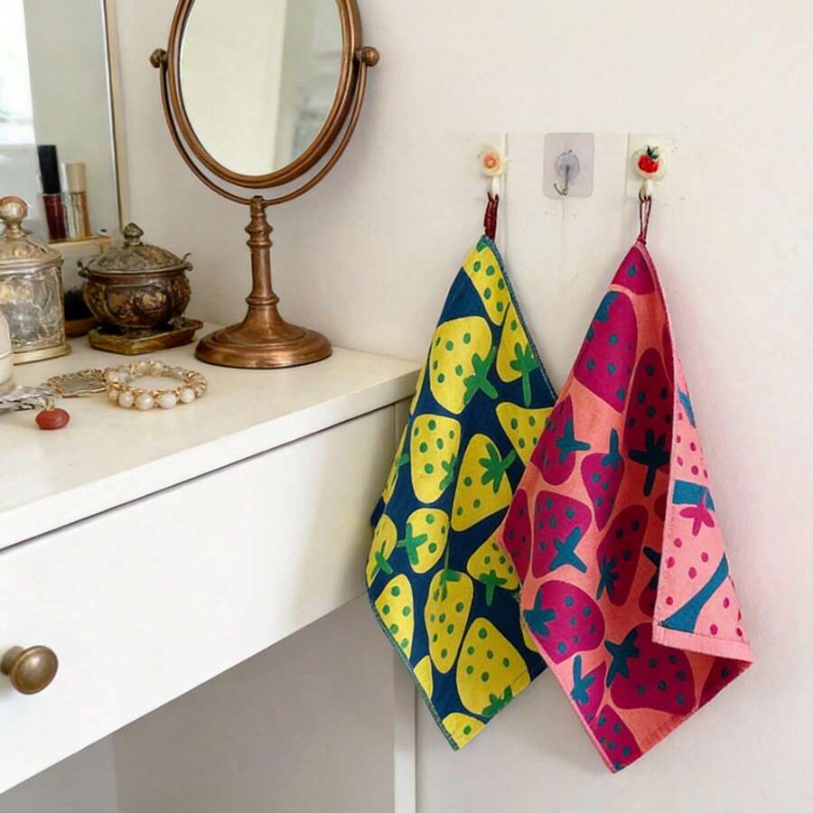 1 buah/3 buah Handuk Kasa Lembut Motif Stroberi & Bunga, Model Gantung, Menyerap Air, Cocok untuk Mencuci Muka, Menyeka Keringat, Mengeringkan Kaki, Kamar Mandi, Dapur - MultiWarna - View 1