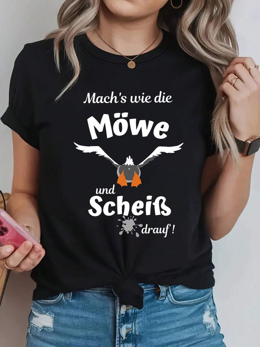Mach's Wie Die Mowe Letter Print T-Shirt, Short Sleeve Crew Neck Casual Top For Summer And Spring, Women's Clothing - 黑色 - 查看 1