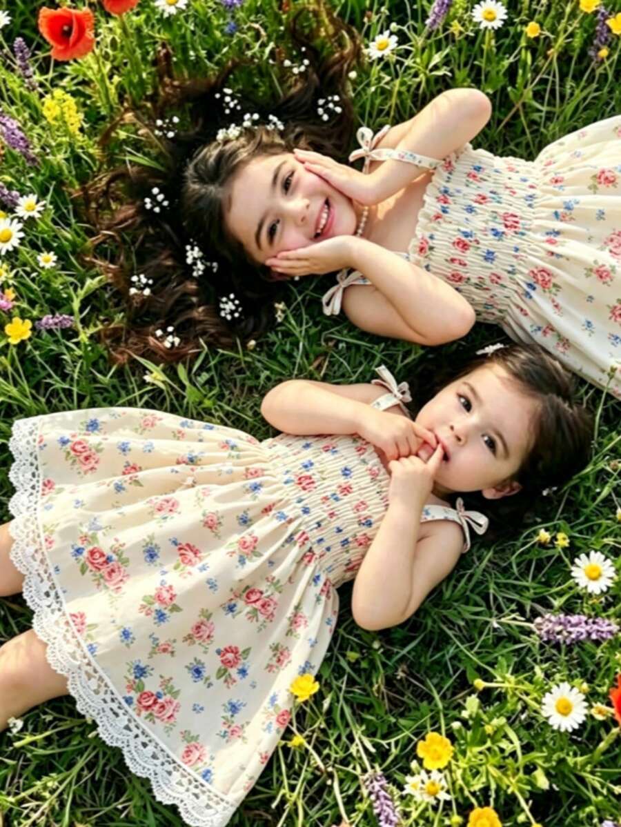 Baby Girl Floral Strap Dress, Sweet Lace Trim Waist Cinched Sundress, Countryside Style, Suitable For Spring/Summer Wear, Daily Outfit And Outdoor Photo Shoots, Beach, Party - Pink - View 1