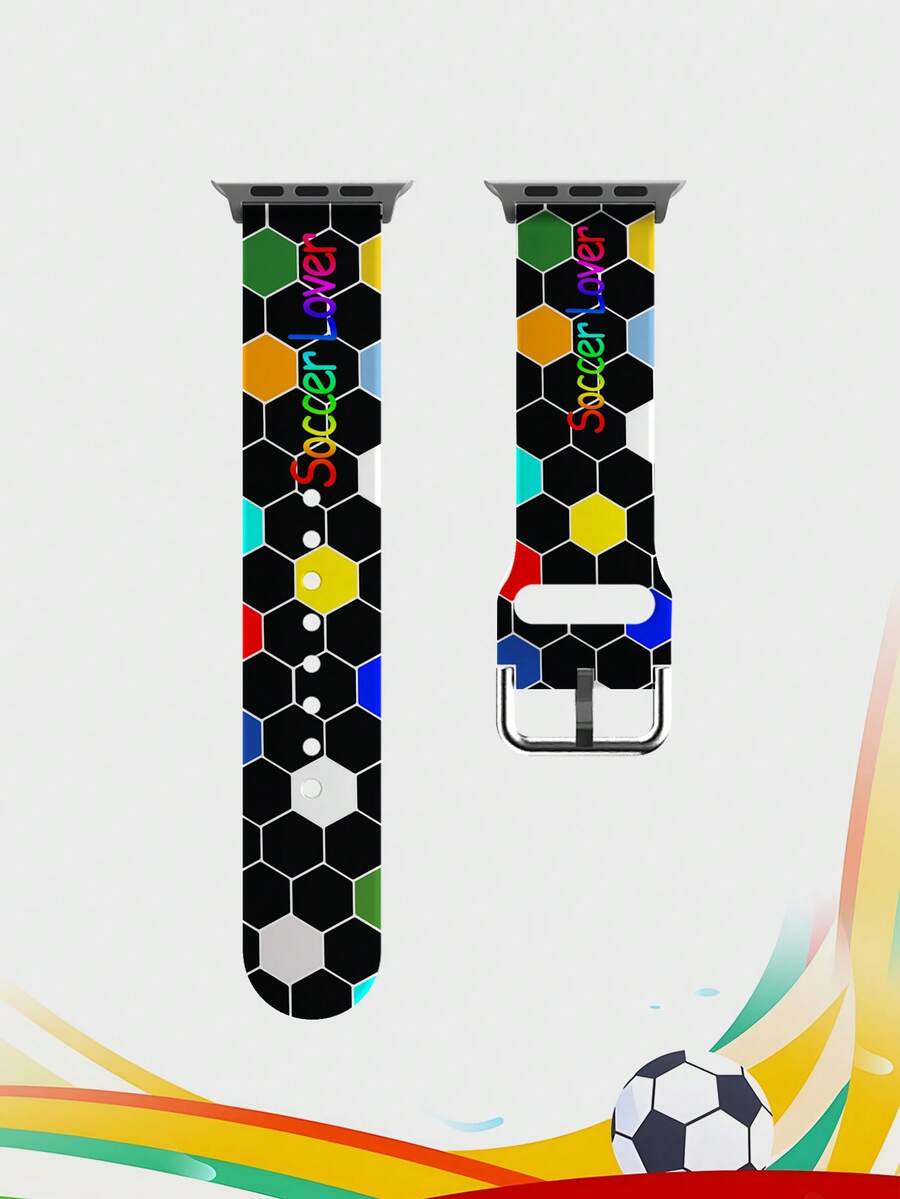 1條黑色彩虹足球圖案印花矽膠錶帶,中性時尚矽膠錶帶,適用於Apple Watch 38mm 40mm 41mm 42mm 44mm 45mm 46mm 49mm,適用於Apple Watch Series Ultra/S11/S10/SE/8/7/6/5/4/3/2/1,適合足球賽事運動智慧手錶錶帶配件 - 彩色 - 查看 1