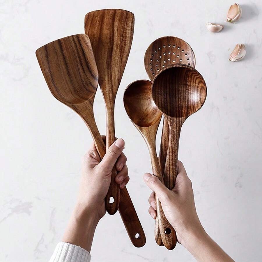 AIUHI 5 pièces Ustensiles de cuisine en bois, ustensiles de cuisine en bois antiadhésifs et sans rayures - Tabac - Voir 1