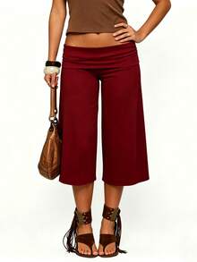 Women Yoga Capri Pants Wide Leg Cropped Pants With Fold Over Waistband For Fitness Workout Light Grey Lounge Pants For Women Elastic Waist 3/4 Length Pants Casual Culottes Trousers For Daily Wear - 酒紅色 - 查看 2