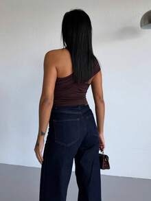 Chic White One-Shoulder Asymmetric Top - Elegant Ruched Blouse With Gold Buckle Detail - Coffee Brown - View 4