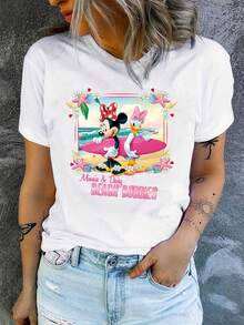 1pc Women's Short Sleeve T-Shirt, Disney Minnie Mouse And Daisy Duck Graphic Print, Round Neck With Stretch, Easy Care Fabric, Suitable For Daily Wear, Fashionable Women's Short Sleeve T-Shirt, Casual Wear - White - View 3