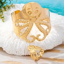 Set de 2 piezas de brazalete y anillo con elemento de océano personalizado y de estilo exagerado - Conjunto de pulsera y anillo de pulpo - Ver 2