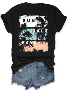 Plus Size - Plus Size - Fashion Reversible Short Sleeve T-Shirt With Letter And Coconut Tree Print, Crew Neck, Plus Size, Spring Outfit - Black - View 3