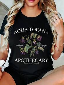 20261 Pieces Of Loose-Fitting Summer Clothing For Women, Aqua Tofana Pharmaceutical Floral Print T-Shirt, Suitable For Lovers Of Vintage Style, Elegant Vintage Clothing For Women, Style: Round Neck, Short Sleeve, Loose Fit, A Gift For Yourself/My Family/My Partner/Friends, Fun And Fashionable Casual T-Shirt. Printed Pattern - 黑色 - 查看 7