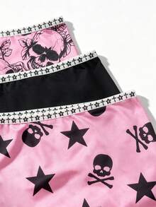 ROMWE 3pcs Gothic Skull & Star Print Pink Hipster Panties, Y2K Punk Style Underwear Set For Women - Multicolor - View 4