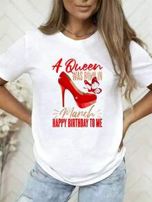 Casual Sports T-Shirt, Celebrating The Birth Of A Queen, Happy Birthday To March With A Vintage Cartoon Design, Short Sleeves, Perfect For Spring And Summer Leisure Or Outdoor Holidays, Local Store, Relaxed Elegance - 白色 - 查看 1