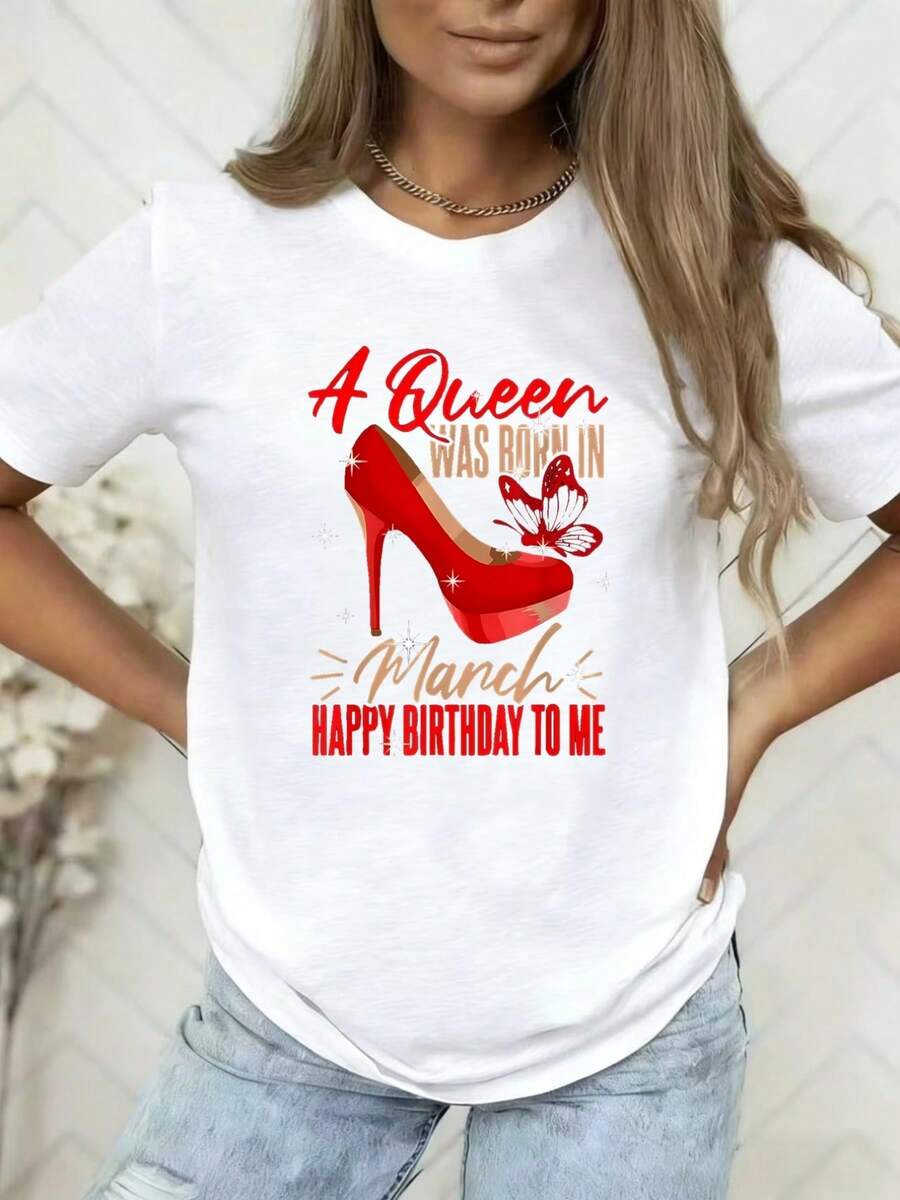 Casual Sports T-Shirt, Celebrating The Birth Of A Queen, Happy Birthday To March With A Vintage Cartoon Design, Short Sleeves, Perfect For Spring And Summer Leisure Or Outdoor Holidays, Local Store, Relaxed Elegance - 白色 - 查看 1