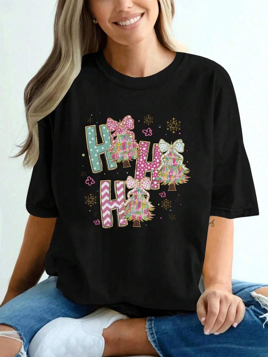 Una camiseta de manga corta con un estampado de moda de la letra H, hecha de suave y cómodo puro. Es versátil, ideal para ropa casual de las mujeres, viajes diarios, al aire libre, y proporciona un traje relajado y cómodo