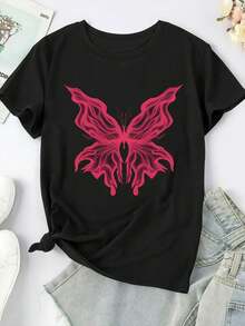 Tamaño más - Camiseta de tamaño más grande de las mujeres - Top casual diario suave con gráfico de mariposa rosa audaz, camiseta de cuello redondo de ajuste suelto para las mujeres, todos los días de temporada y trajes de ocasiones especiales, ropa cómoda, camiseta de impresión geométrica, tela no transparente - Negro - Ver 2