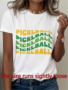 Women's Pickleball Graphic T-Shirt - White T-Shirt With Yellow And Green Lettering - Breathable Stretch Top For Pickleball Courts, Casual Wear - Machine Washable Spring Summer Autumn T-Shirt - 白色 - 查看 1