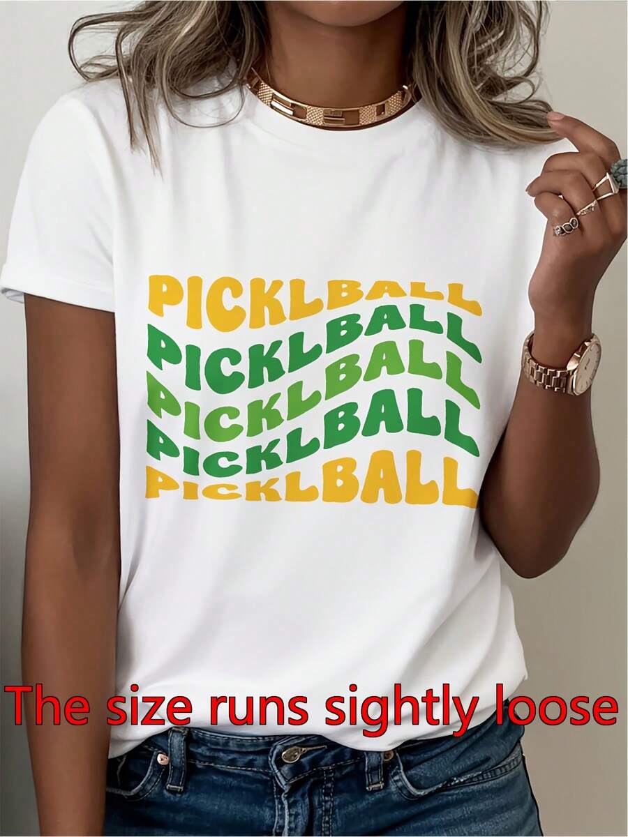 Women's Pickleball Graphic T-Shirt - White T-Shirt With Yellow And Green Lettering - Breathable Stretch Top For Pickleball Courts, Casual Wear - Machine Washable Spring Summer Autumn T-Shirt - 白色 - 查看 1