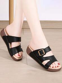 Women's Thick-bottomed Sandals With Soft Soles, Stylish Raised Cakes Bottom Slippers - Black - View 5