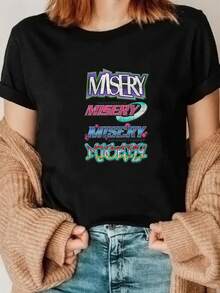 This Is A New One-Piece Printed T-Shirt For Spring And Summer, Featuring A Round Neck And Short Sleeves. It Includes The Words 'MISERY' And 'DEPARTMENT' In A Unique Design Style. The Printed Round Neck Short-Sleeve T-Shirt Is Suitable For Women'S Ru - 黑色 - 查看 1