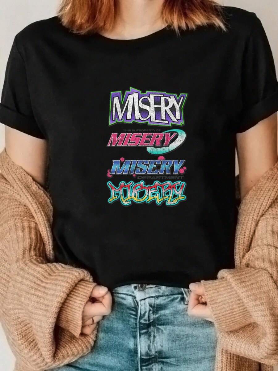 This Is A New One-Piece Printed T-Shirt For Spring And Summer, Featuring A Round Neck And Short Sleeves. It Includes The Words 'MISERY' And 'DEPARTMENT' In A Unique Design Style. The Printed Round Neck Short-Sleeve T-Shirt Is Suitable For Women'S Ru - 黑色 - 查看 1