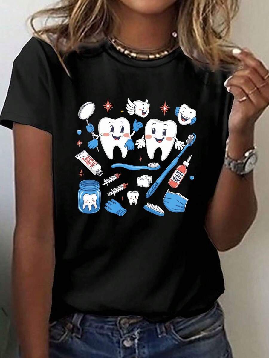 Una camiseta de ilustración dental divertida y caprichosa, con mangas cortas y un cuello de tripulación, perfecta para el uso informal en la primavera y el verano, diseñada para mujeres