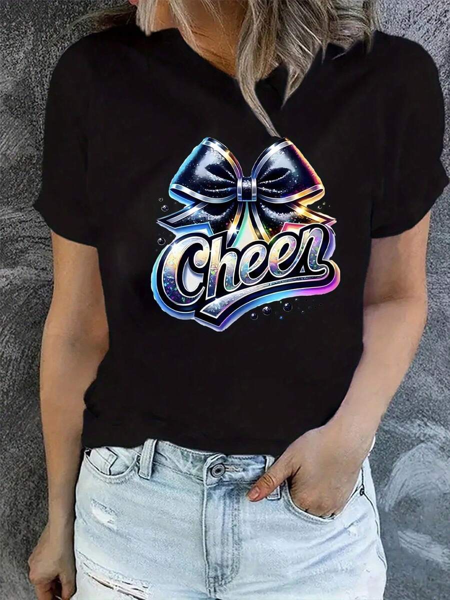 Women's Cheer Bow Graphic Tee - Vibrant Neon "Cheer" Print And Foam Bow Design, Stretch Fit, Machine Washable Crew Neck Tee For Cheerleading Fans, Casual Summer And Year-Round Wear | Vibrant Graphic Tee | Durable Print - 黑色 - 查看 1