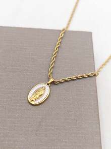 1pc Stainless Steel Vintage French 18K Plated Oval Virgin Mary Pendant Necklace, Minimalist Twist Chain Unisex Jewelry, Affordable Valentine's Day Gift - White - View 5