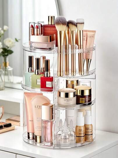 360 Degree Rotating Desktop Storage Rack, Acrylic Box Makeup Organizer For Lipstick, Skincare Products, Cosmetic Display Stand, Suitable For Vacation, Beach, Bathroom, Bedroom And More, Large Capacity