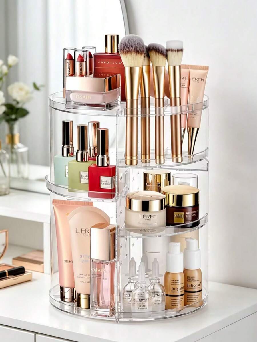 360 Degree Rotating Desktop Storage Rack, Acrylic Cosmetic Organizer Box Suitable For Lipstick, Skincare, Makeup Display Rack, Suitable For Vacation, Beach, Bathroom, Bedroom And More Scenes, Large Capacity