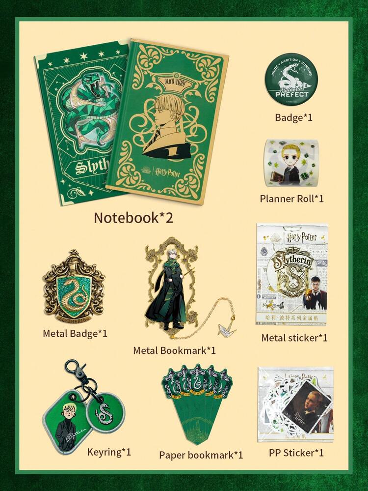 Harry Potter 哈利波特蛇年主题礼盒套装，内含金属书签盲盒、笔记本、铁皮徽章、金属徽章、纸质书签、钥匙扣等精美周边礼品系列，马尔福周边绿色盲盒，适合青少年及成人，哈利波特粉丝组合礼品，节日礼物，生日礼物 - 彩色 - 查看 4