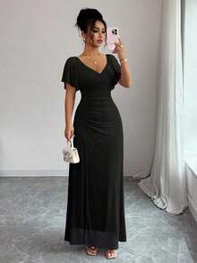 Vestido morado claro con cuello en V, mangas con volantes, cintura plisada y abertura, vestido elegante de dama de honor, vestido de fiesta, primavera/verano - Negro - Ver 7