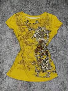 Camiseta casual versátil de mujer con cuello redondo y manga corta plisada - Amarillo - Ver 1